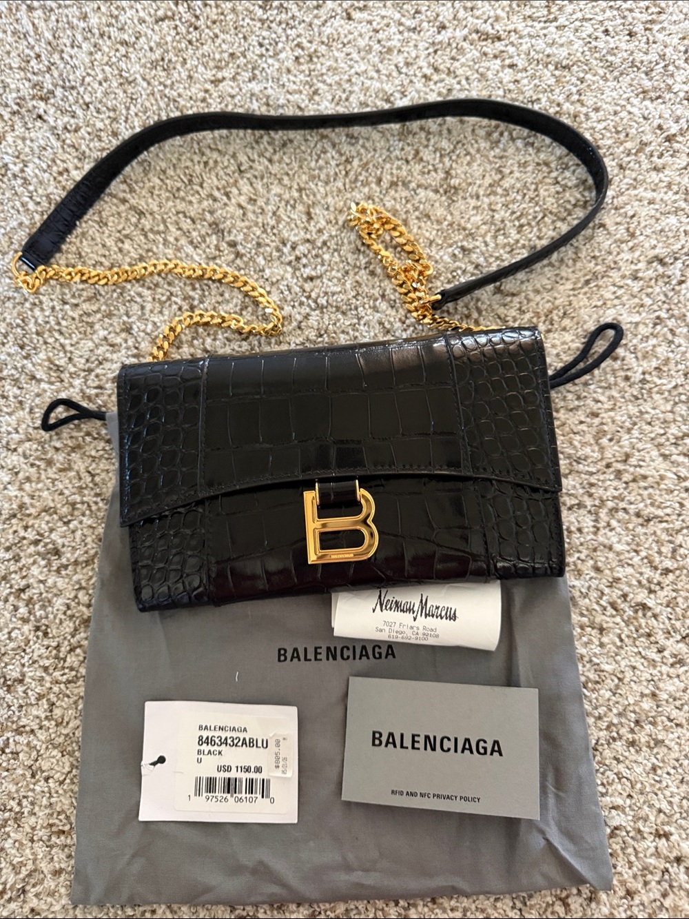 Balenciaga Black Croc-Embossed hourglass wallet on a chain BB Chain Shoulder NWT